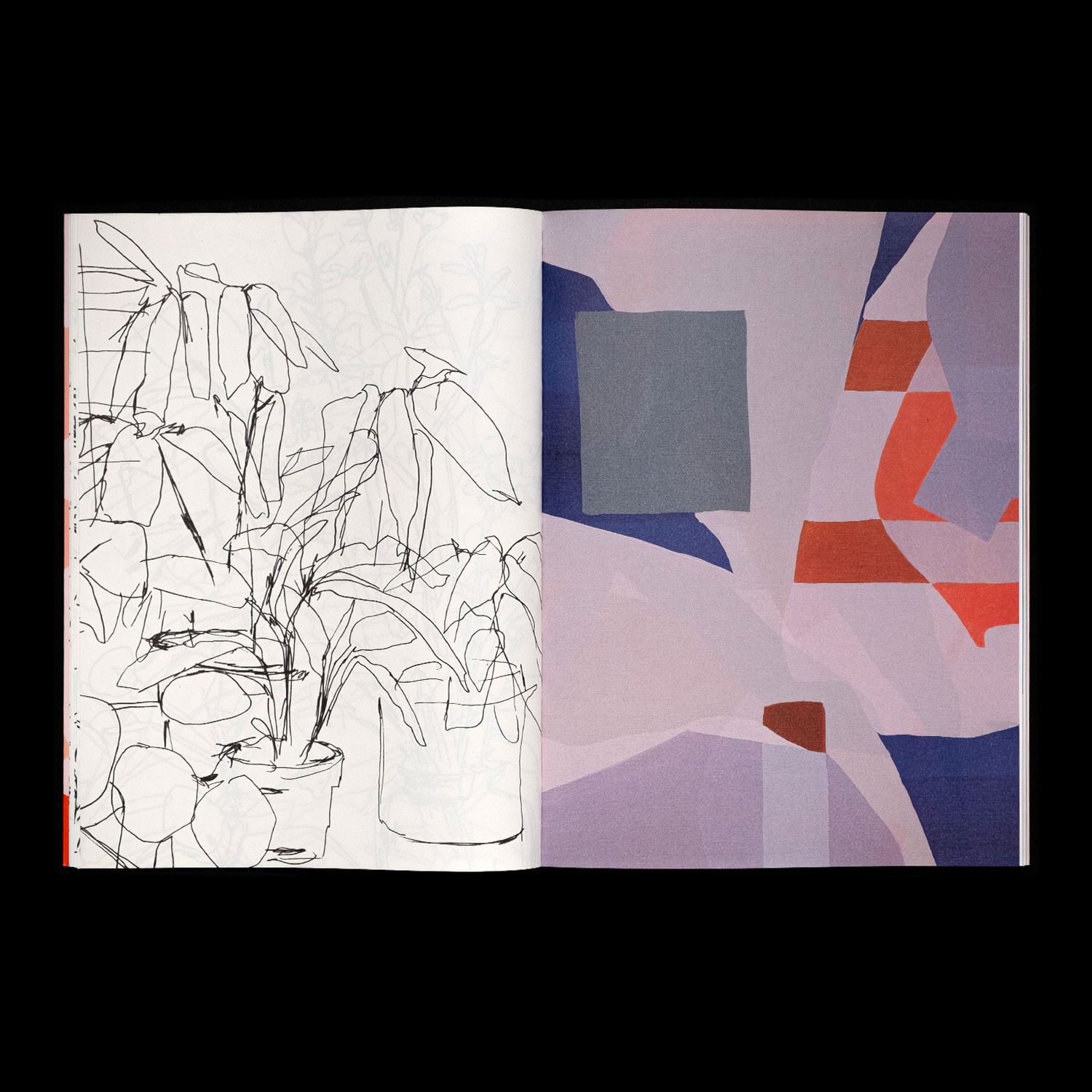spread with sketches of plants and a detail of a painting