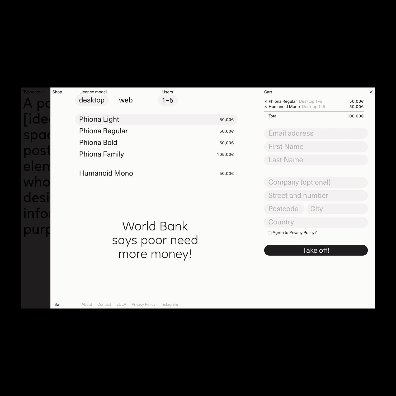 screenshot of the shop and checkout section