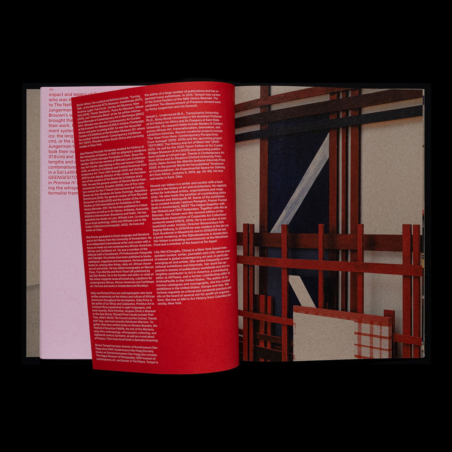 spread with text on red paper and a detail of one of Jungerman's artworks